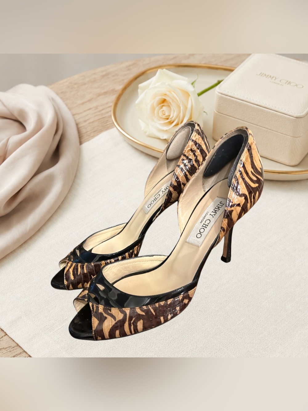 Jimmy Choo D'Orsay Animal Print Snake Stripe Peep Toe Heels 37.5 US 7.5 Worn 2x - Picture 6 of 13